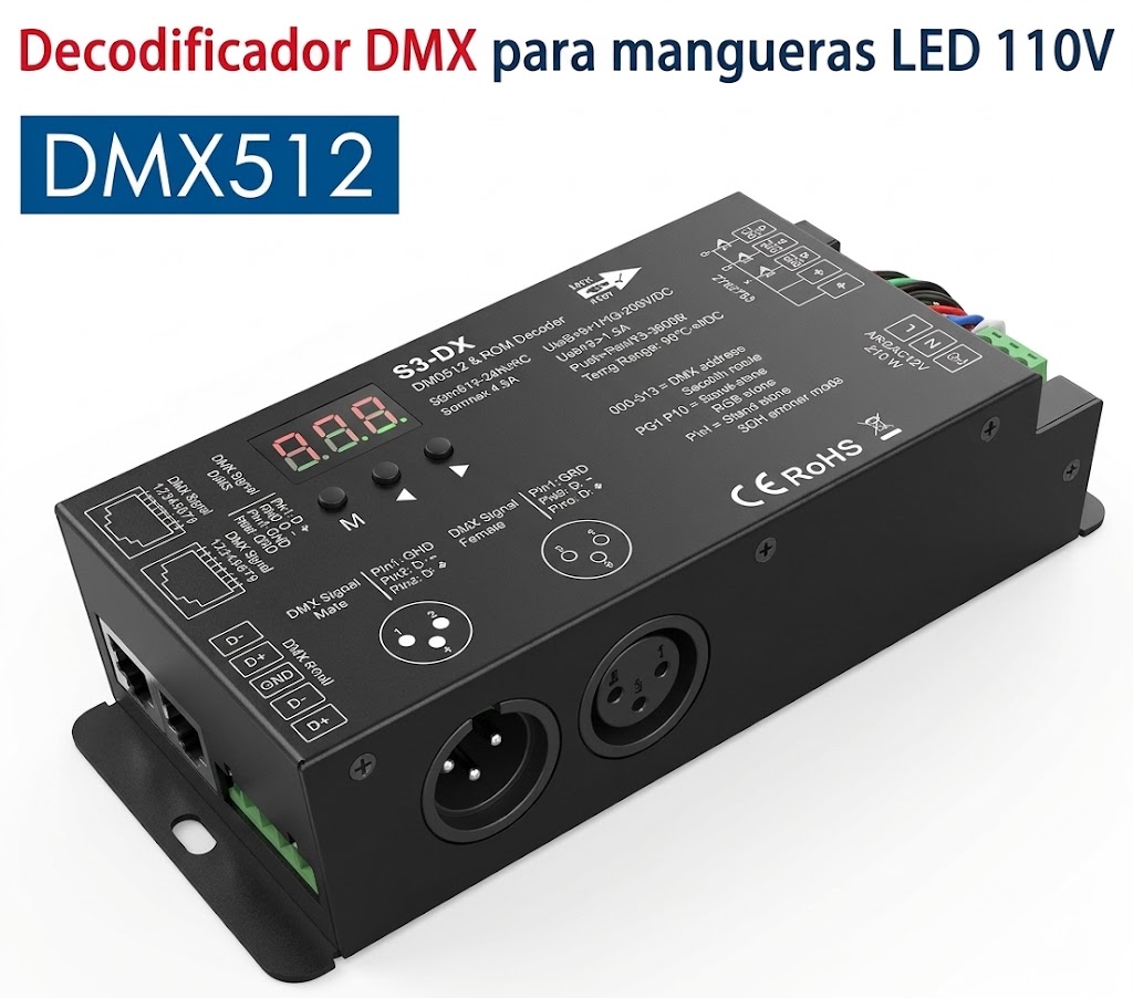 Decodificador DMX de alto voltaje diseñado para tiras y mangueras LED de 110V a 240V CA, eliminando fuentes de alimentación intermedias de bajo voltaje.